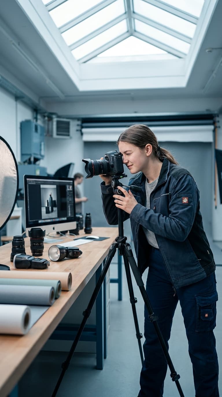 Fotografin blickt in einem Fotostudio durch den Sucher einer Kamera auf einem Stativ.