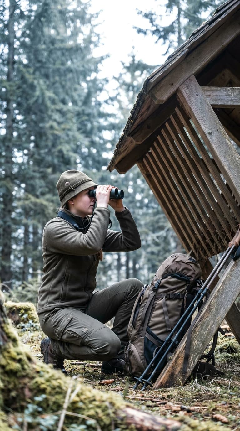 Eine Jägerin kniet im Wald neben einer Futterkrippe und blickt durch ein Fernglas.