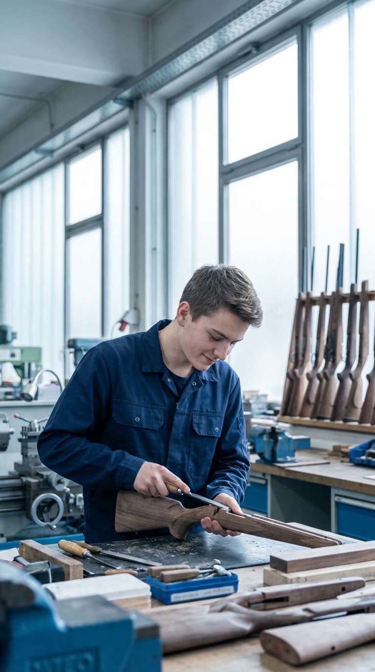 Ein Büchsenmacherlehrling bearbeitet in einer Werkstatt einen hölzernen Gewehrschaft mit einem Stechbeitel.