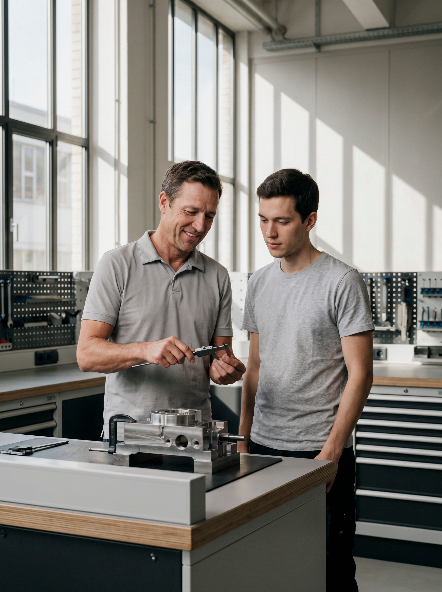Ein Ausbilder erklärt einem Lehrling an der Werkbank die Nutzung eines Messschiebers an einem Metallbauteil.